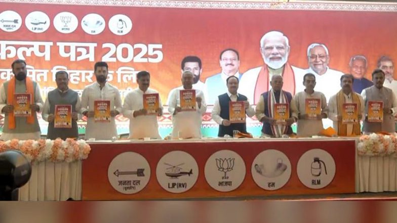 NDA Releases Manifesto ‘Sankalp Patra’ for Bihar Assembly Elections 2025; Promises 1 Crore Jobs to Youth, Empowerment to Women (Watch Videos)