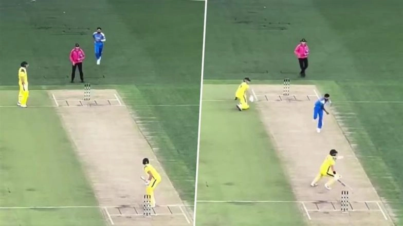 Nitish Kumar Reddy Shows Aggression, Throws Ball At Matt Renshaw in Follow Through During IND vs AUS 1st ODI 2025 (Watch Video)