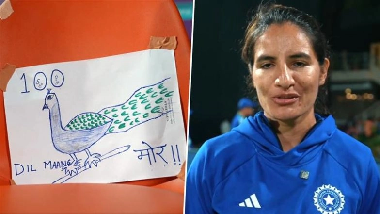 Renuka Singh Thakur Reveals Story Behind Her 'Peacock Poster' Which She Showed to Pratika Rawal During IND-W vs NZ-W ICC Women's World Cup 2025 Match (Watch Video)