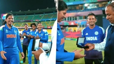 BCCI Secretary Devajit Saikia Presents Richa Ghosh Best Fielder's Medal After India Women Defeat Sri Lanka Women in ICC Women's World Cup 2025 Opener (Watch Video)