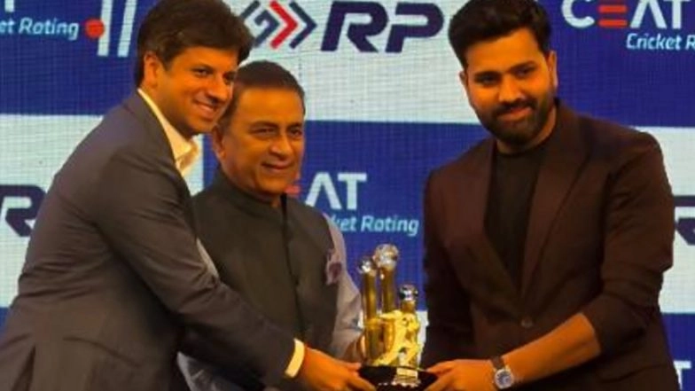 Rohit Sharma Receives Special Memento From Sunil Gavaskar for Winning ICC Champions Trophy As Captain at CEAT Awards 2025 (Watch Video)