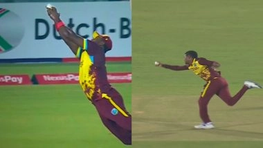 Romario Shepherd Takes Stunning Catch To Dismiss Tanzid Hasan, Akeal Hosein Grabs One-Handed Stunner To Account for Litton Das During BAN vs WI 1st T20I 2025 (Watch Video)