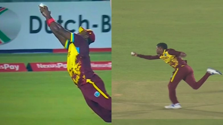 Romario Shepherd Takes Stunning Catch To Dismiss Tanzid Hasan, Akeal Hosein Grabs One-Handed Stunner To Account for Litton Das During BAN vs WI 1st T20I 2025 (Watch Video)
