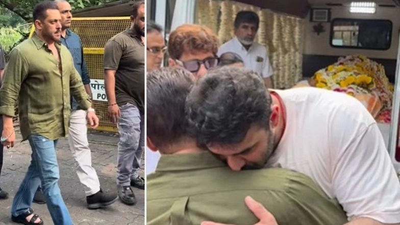 Pankaj Dheer Funeral: Salman Khan Pays Last Respects to &lsquo;Mahabharat&rsquo; Actor, Hugs His Son Nikitin Dheer in Emotional Moment, Sidharth Malhotra Arrives (Watch Video)