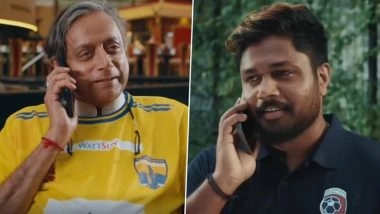 Congress MP Shashi Tharoor and Cricketer Sanju Samson Engage In Funny Banter for Promo of Thiruvananthapuram Kombans vs Malappuram FC Super League Kerala 2025 Match (Watch Video)