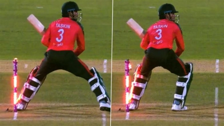 Taskin Ahmed Hit Wicket Video: Watch Bangladesh Cricketer Suffer Bizarre Dismissal While Hitting Six During BAN vs WI 1st T20I 2025