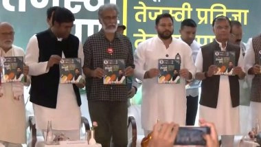 Mahagathbandhan’s Manifesto for Bihar Assembly Elections 2025: Opposition’s Alliance Releases Ghoshna Patra ’Bihar Ka Tejashwi Pran'; Promises Govt Jobs to 1 Member of Each Family, INR 2500 Monthly for Women (Watch Video)