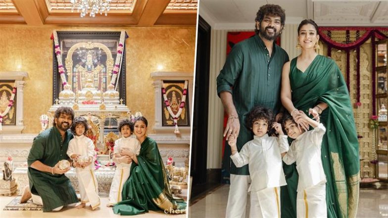 Diwali 2025: Nayanthara Dazzles in Green Silk Saree as She Celebrates with Husband Vignesh Shivan and Twin Boys; Says ‘This Diwali Felt Different’ (View Pics)