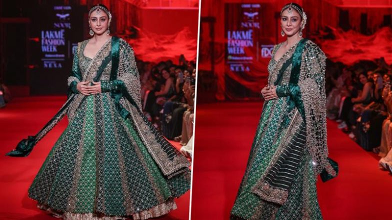 Lakme Fashion Week X FDCI 2025: Tabu Radiates Bridal Grace in Deep-Green Anarkali From ‘Noor’ Collection (View Pics)