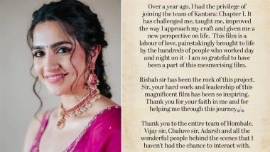 ‘Kantara - Chapter 1’: Rukmini Vasanth Thanks Rishab Shetty, Says Film Taught Her New Perspective on Life (View Post)