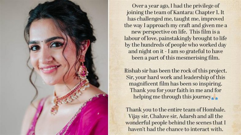 ‘Kantara - Chapter 1’: Rukmini Vasanth Thanks Rishab Shetty, Says Film Taught Her New Perspective on Life (View Post)