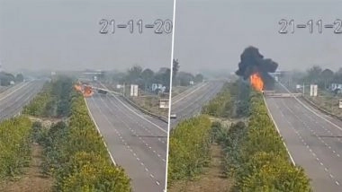 Rajasthan Road Accident: Container Truck Collides With LED Board on Delhi-Mumbai Expressway, Driver Feared Burnt Alive (Watch Video)