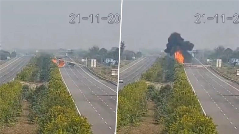 Rajasthan Road Accident: Container Truck Collides With LED Board on Delhi-Mumbai Expressway, Driver Feared Burnt Alive (Watch Video)