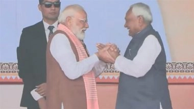 Bihar CM Oath-Taking Ceremony: PM Narendra Modi Holds Nitish Kumar’s Hands, Congratulates Him After 10th Swearing-In in Patna (Watch Video)