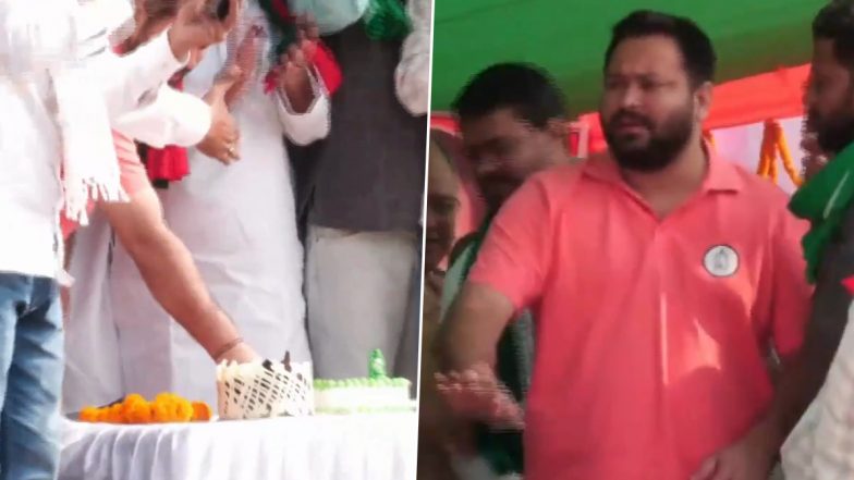 Tejashwi Yadav Turns 36: RJD Leader Celebrates Birthday During Election Rally in Bihar’s Karakat (Watch Video)