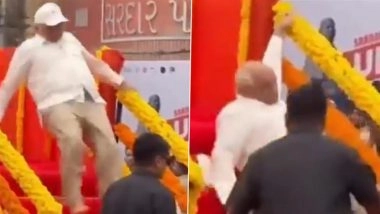 Gujarat CM Bhupendra Patel Slips on Wet Stage During National Unity Day Event in Ahmedabad, Quickly Recovers (Watch Video)