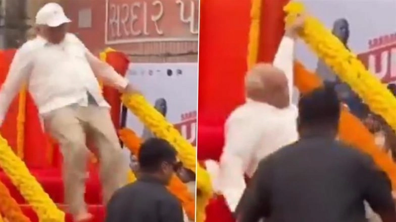 Gujarat CM Bhupendra Patel Slips on Wet Stage During National Unity Day Event in Ahmedabad, Quickly Recovers (Watch Video)