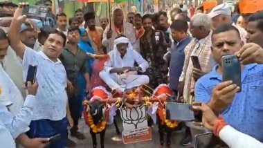 ‘Even My Goats Love Modi Ji’: Bihar Tea Seller Arrives Riding Goat Cart to See PM Narendra Modi in Bhagalpur (Watch Video)