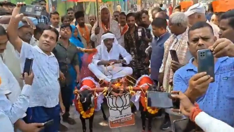‘Even My Goats Love Modi Ji’: Bihar Tea Seller Arrives Riding Goat Cart to See PM Narendra Modi in Bhagalpur (Watch Video)