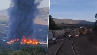 Mexico Train Fire: Massive Blaze Erupts After Ethanol-Laden Freight Train Derails in Tepetitlan, Emergency Crews Rush to Scene (See Pics and Videos)