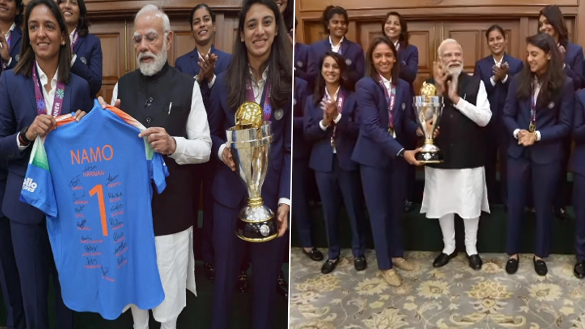 'NAMO 1': Harmanpreet Kaur-Led Team India Women Gift Signed Jersey To PM Narendra Modi During ICC Women’s World Cup 2025 Victory Meet (Watch Video)