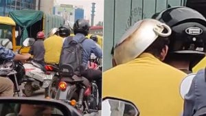 ‘Peak Bengaluru’ Moment: Pillion Rider Wears Frying Pan on Head To Avoid Challan, Video Goes Viral