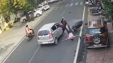 Jhansi Accident Caught on Camera: Speeding Car Overtakes Wrongly, Slams Into Scooter; Riders Thrown in Air in Shocking Hit-and-Run (Watch Video)