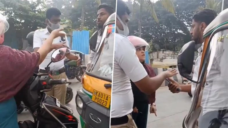 Traffic Turmoil Erupts in Bengaluru’s Baiyappanahalli: Woman Riding on Wrong Side Crashes Into Auto, Creates Massive Scene and Triggers Nearly 1 Km Traffic Jam Despite Police Intervention (Watch Video)