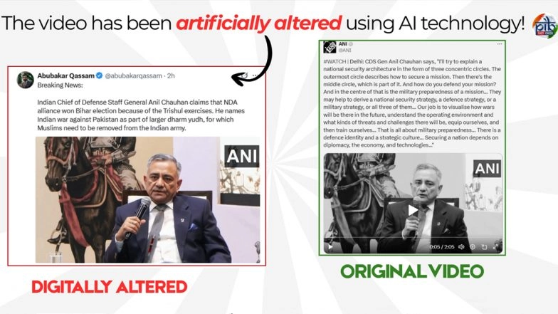 Did CDS Gen Anil Chauhan Really Claim NDA Won Bihar Because of &lsquo;Trishul&rsquo; Exercises and Call for &lsquo;Dharam Yudh&rsquo; To Remove Muslims and Non-Hindus From Indian Army? PIB Fact Check Debunks AI-Generated Video
