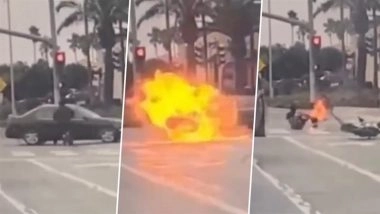 California: Cyclist Turns Into Fireball After Colliding With Speeding Car’s Fuel Tank in Salinas; Horrifying Video Shows Bystanders Rushing to Save Him