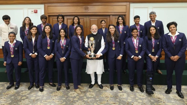 Pratika Rawal Poses With ICC Women’s World Cup 2025 Medal During Photoshoot With PM Narendra Modi After Teammate Amanjot Kaur Hands Her Memento To Injured Star Player (See Pics)