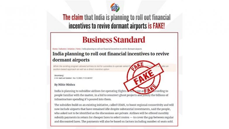 Is India Planning Financial Incentives to Revive Dormant Airports? PIB Fact Check Debunks Bloomberg Report Claiming New Subsidy Framework for Airlines