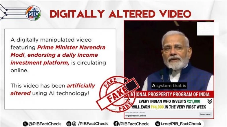 Is PM Narendra Modi Promoting a Scheme Offering INR 2 Lakh on an INR 21,000 Investment? PIB Fact Check Says Viral Video Is Digitally Altered