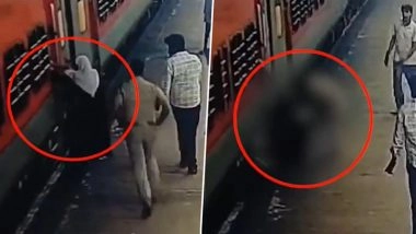 Kerala: Cop Pulls Elderly Woman to Safety After She Slips While Trying to Board Moving Train at Tirur Railway Station; CCTV Video Surfaces