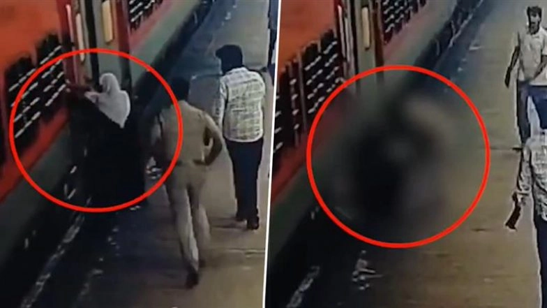Kerala: Cop Pulls Elderly Woman to Safety After She Slips While Trying to Board Moving Train at Tirur Railway Station; CCTV Video Surfaces