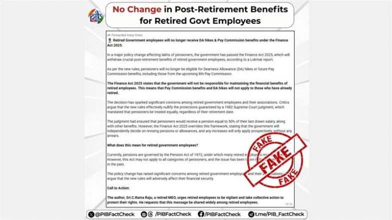 No DA Hike, Pay Commission Benefits for Retired Govt Employees Under Finance Act 2025? PIB Fact Check Debunks Fake WhatsApp Message