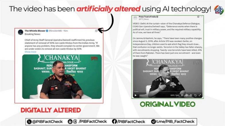 Did COAS Upendra Dwivedi Say 50% Non-Caste Hindu Soldiers Are Being Removed in Saffronised India Under Orders From the Central Government? PIB Fact Check Debunks Fake AI-Generated Video