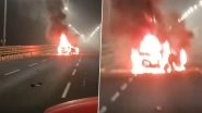 Mumbai Car Fire: Vehicle Turns Into Ball of Flame on Bandra-Worli Sea Link, Causes Massive Traffic Jam (Watch Video)