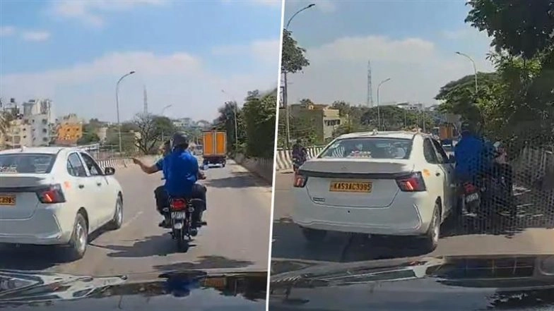 Bengaluru Road Rage: Cab Driver Knocks Down Biker on Flyover in KR Puram After Heated Argument, Police Respond as Video Goes Viral