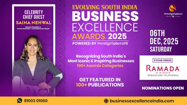 Business News | Olympic Medalist Saina Nehwal Honours South India's Top Entrepreneurs at Evolving South India Business Excellence Award 2025 in Bengaluru