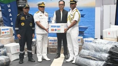 World News | Op Sagar Bandhu: INS Vikrant, INS Udaygiri Hand over Relief Material to Sri Lanka Amidst Cyclone Ditwah