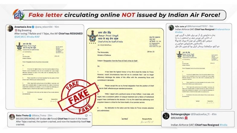 Did IAF Chief AP Singh Resign After Losing 7 Rafale and 1 Tejas? PIB Fact Check Debunks Fake Letter Circulated by Pakistani Propaganda Accounts