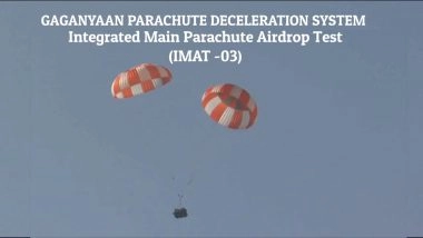 ISRO Successfully Conducts Gaganyaan Integrated Main Parachute Airdrop Test, IMAT, at Jhansi (Watch Video)