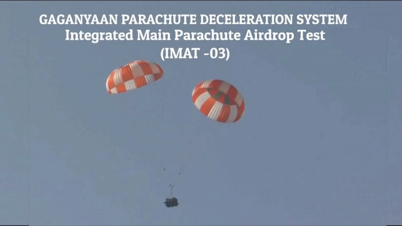 ISRO Successfully Conducts Gaganyaan Integrated Main Parachute Airdrop Test, IMAT, at Jhansi (Watch Video)