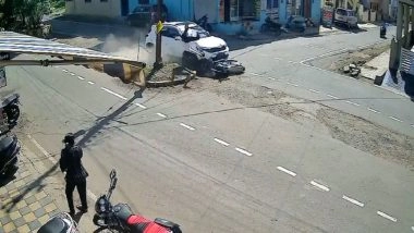 Accident Caught on Camera in Khandwa: Man Flung in Air After Speeding Car Rams His Bike in Madhya Pradesh, Suffers Serious Injuries; Disturbing Video Surfaces
