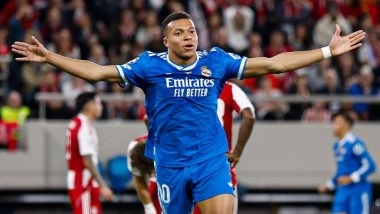 Olympiacos 3-4 Real Madrid, UEFA Champions League 2025-26: Kylian Mbappe Scores Second-Fastest UCL Hat-Trick in Los Blancos' Win (Watch Goal Video Highlights)