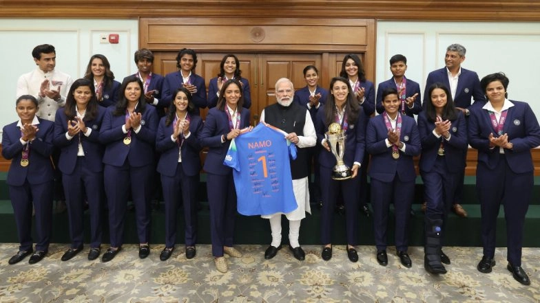 PM Narendra Modi Receives 'Namo 1' Signed Jersey as He Meets India’s ICC Women’s World Cup 2025 World Cup-Winning Team at His Residence (See Pics)