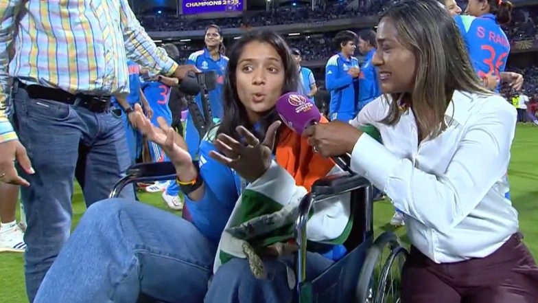 Injured Pratika Rawal Joins India's ICC Women's World Cup 2025 Celebrations on Wheelchair, Says 'There is No Words' (Watch Video)
