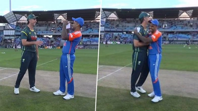 Suryakumar Yadav Celebrates After Winning Toss During IND vs AUS 3rd T20I 2025, Australia Captain Mitchell Marsh Hugs India Captain (Watch Video)