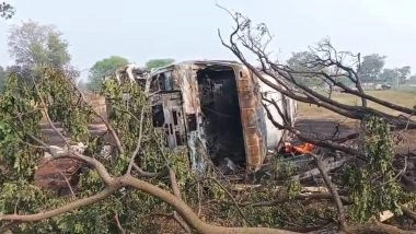 Telangana Fatal Collision: One Killed After Ethanol Tanker Collides With Lorry Carrying Iron Coils in Mahbubnagar District (Watch Video)